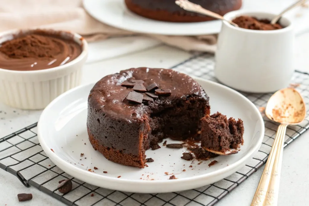 One minute chocolate mug cake topped with chocolate sprinkles in a white mug