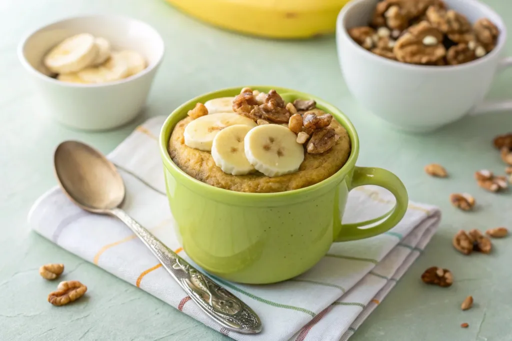 Single serving paleo banana cake topped with nuts and banana slices