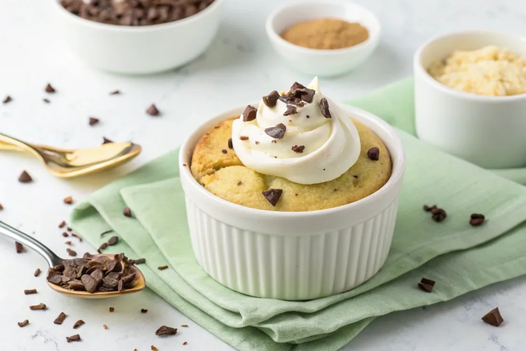 Delicious vegan vanilla mug cake prepared in a mug in 5 minutes.