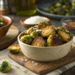 Air fried frozen brussel sprouts served in a bowl with seasoning.
