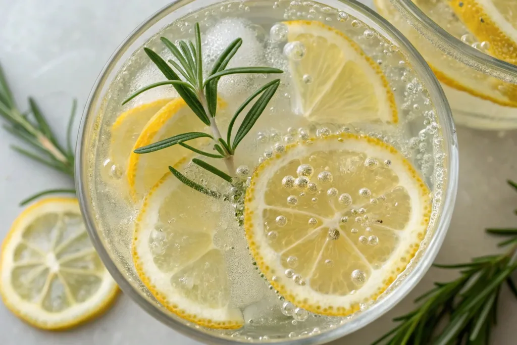 Carbonated Drink with Lemon Slices and Rosemary