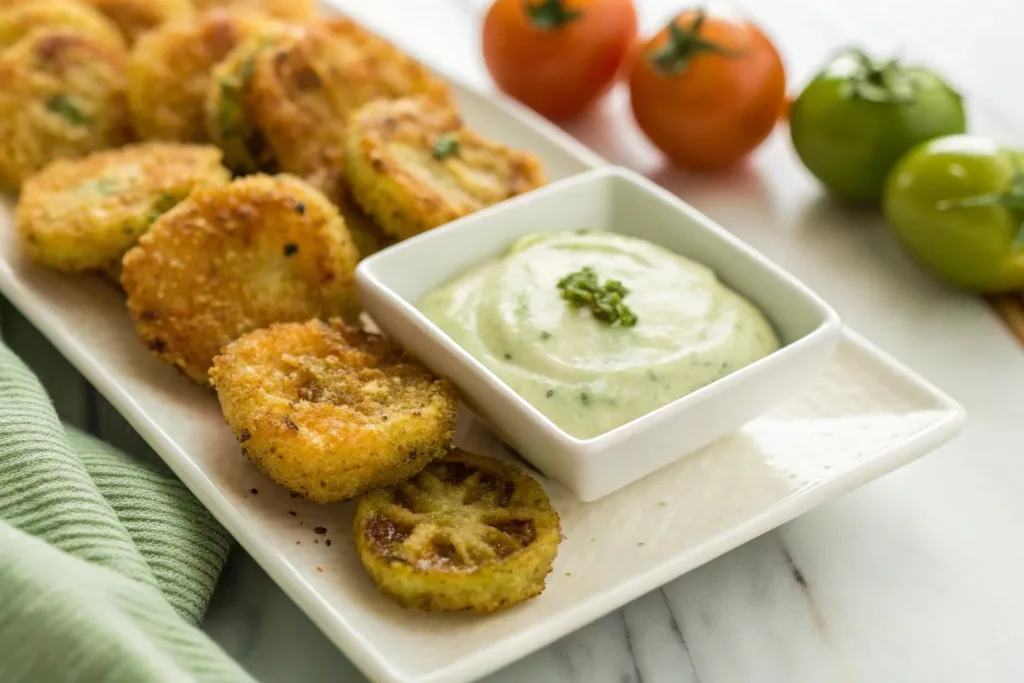Fried Green Cherry Tomatoes with Avocado Ranch Dip