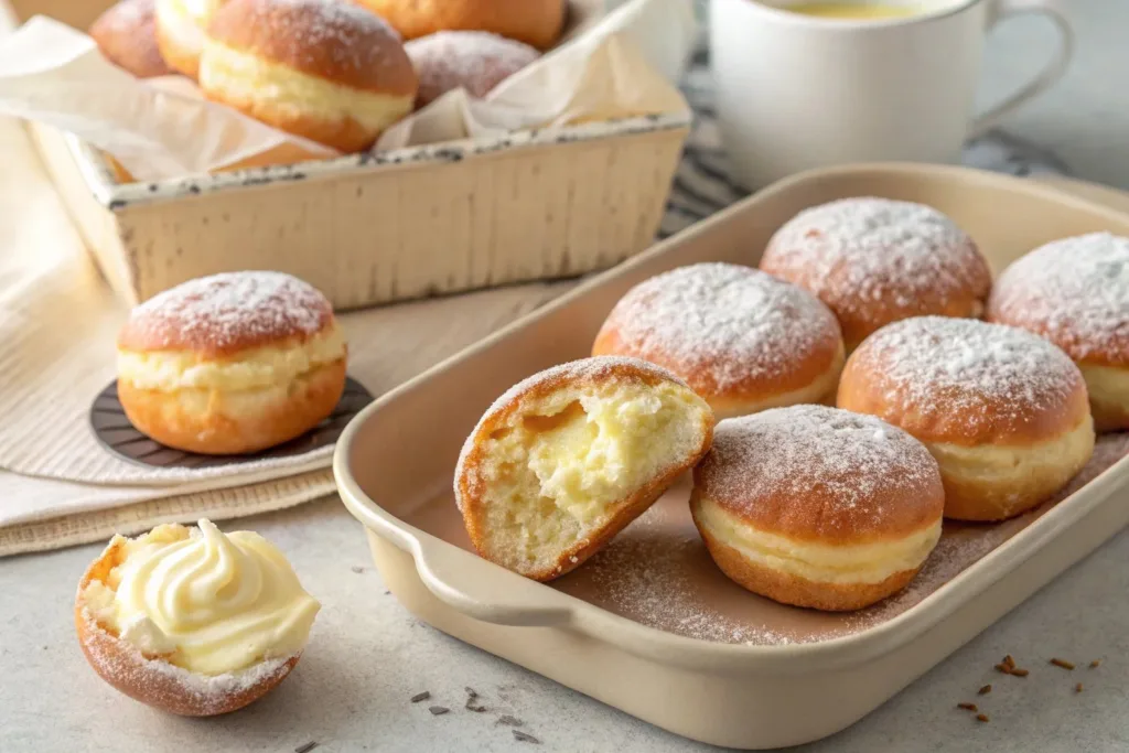 Delicious Bavarian Cream Donuts with creamy filling and powdered sugar on top