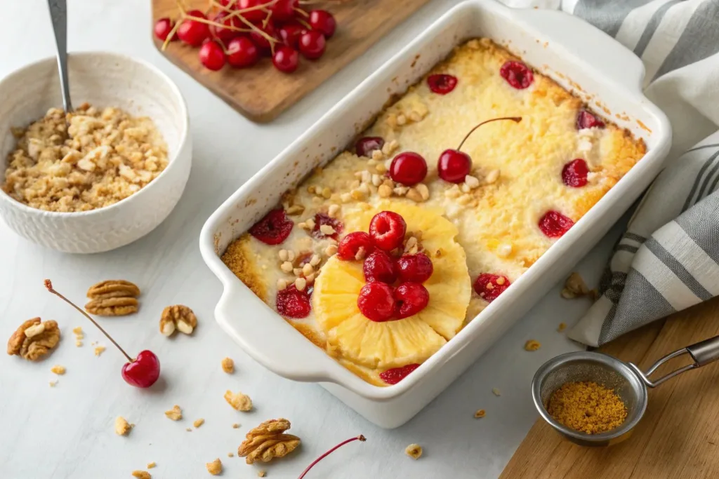 Cherry Pineapple Cheesecake Dump Cake served in a dessert dish
