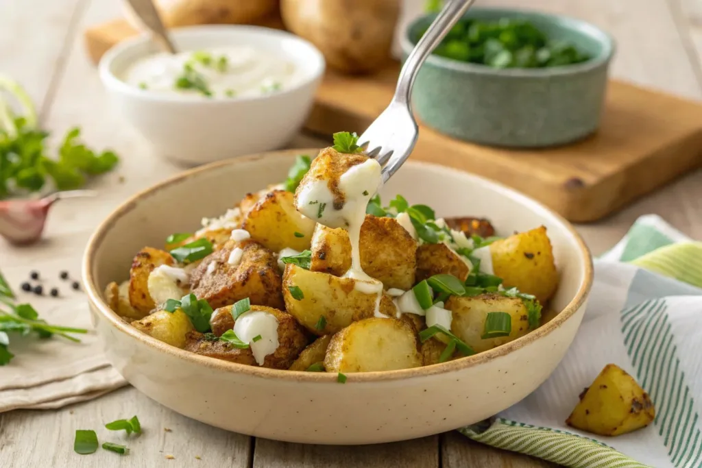 Crispy Roasted Baby Potato Salad with Garlic Dressing served in a bowl