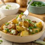 Crispy Roasted Baby Potato Salad with Garlic Dressing served in a bowl