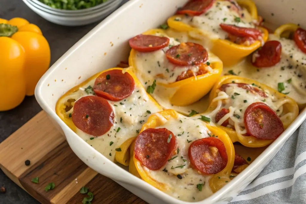 A serving of Dump and Bake Pepperoni Tortellini Alfredo in a bowl