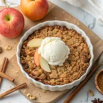 Bowl of homemade gluten-free apple crisp topped with ice cream